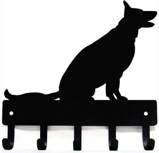 German Shepherd Sitting - Key Holder Dog Leash Hanger for Wall - Large 9 inch Wide with 5 Hooks - Made in USA