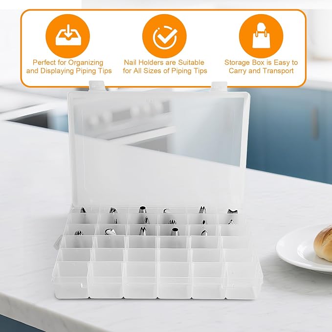 Piping Tip Organizer Box, 36 Grids Storage Container with Adjustable Dividers, Made with Clear Plastics, Compartment Container for Cake Decorating Tools, Baking Tools, Jewelry, Beads and Small Crafts