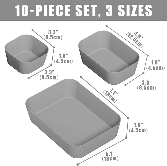 Drawer Organizers Bins 10 PCS for Bathroom Makeup Desk Office | with Non-slip Pads, 3 Sizes, Plastic Tray, Vanity Organizer, Kitchen Utensils Organizer