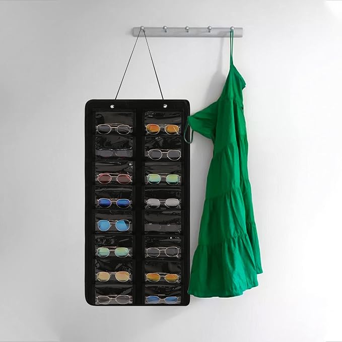 Sunglasses Organizer Storage - 16 Slots Glasses Storage Wall Pocket Display Hanging on Door, Eyewear Display, Dust-Proof (Black, Dust-Proof)