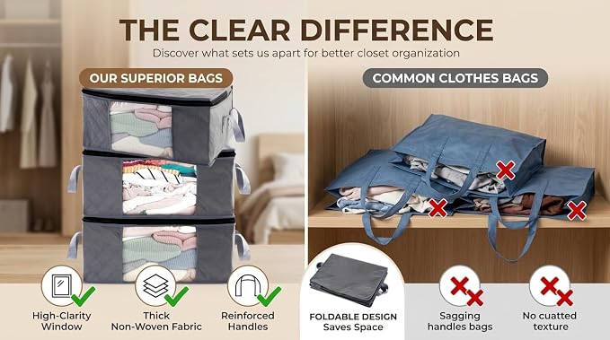 Storage Clothes Bins Closet Bags - 35L Containers Organizer Boxes Clothing Bin Organization for Organizing Blanket Pillow Sheet Sweater, Foldable Bedroom Small Storage Totes With Lids Zipper, 6pc Pack