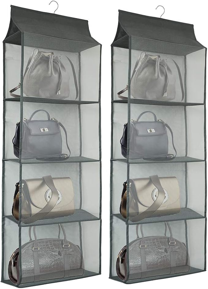 Closet Handbag Purse Holder, Space Saving Hanging Handbag Storage Tote Bag Organizer Holder with 4 Large Heavy-Duty Mesh Shelves for Wardrobe Closet(Pack of 2 Gray)