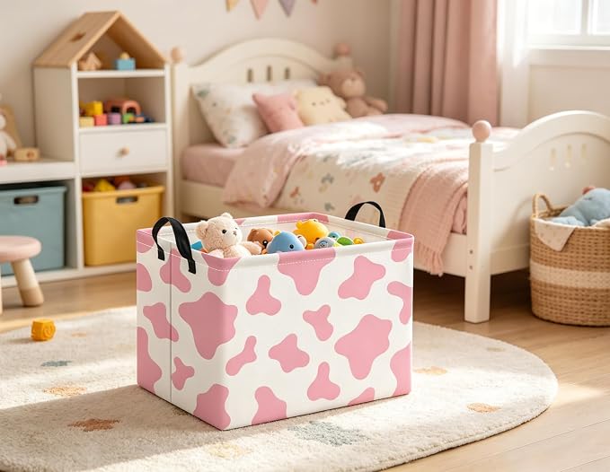 Rectangular Baby Kids Storage Basket for Home Kitchen Girls Cute Toy Storage Bin Organizer Shelf Book Room Decor(Pink Cow)