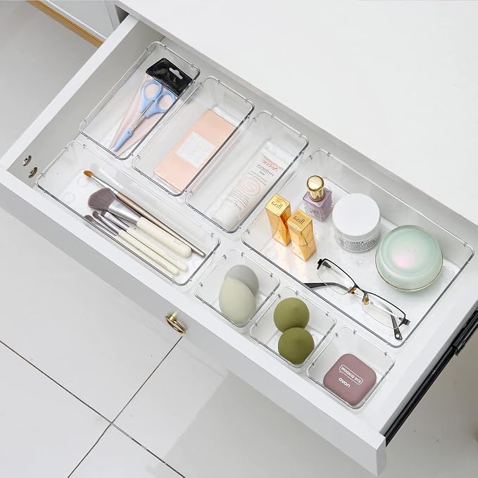 Byomostor 28PCS Clear Plastic Drawers Organizer in 4 Sizes, Ultimate Drawer Organizer Bins for Bathroom, Vanity, Junk Drawer, Office - Store Makeup, Jewelries, Supplies, and Tools with Ease