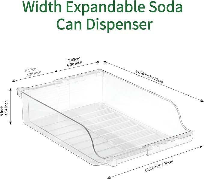 Adjustable Soda Can Dispenser for Refrigerator –Expandable Width PET Drink Organizer, Stackable Space-Saving Fridge Organizer for Cans & Bottles – 2 Pack