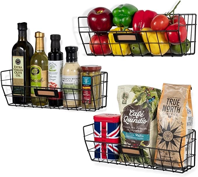 Wall Mounted Wire Basket Kitchen Storage Pantry Organizer Fruit Basket Varying Sizes Set of 3 Black