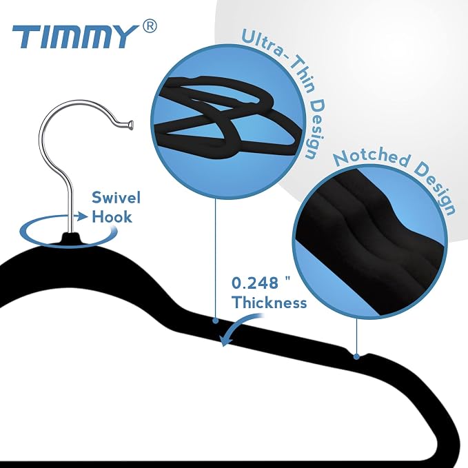 TIMMY 50 Pack Velvet Hangers, Non-Slip Ultra-Thin Space-Saving Suit & Coat Hangers with 360° Silver Swivel Hook - Hold 10 lbs, for Blazers, Dresses & Pants (Black/Silver, 17.7 in)