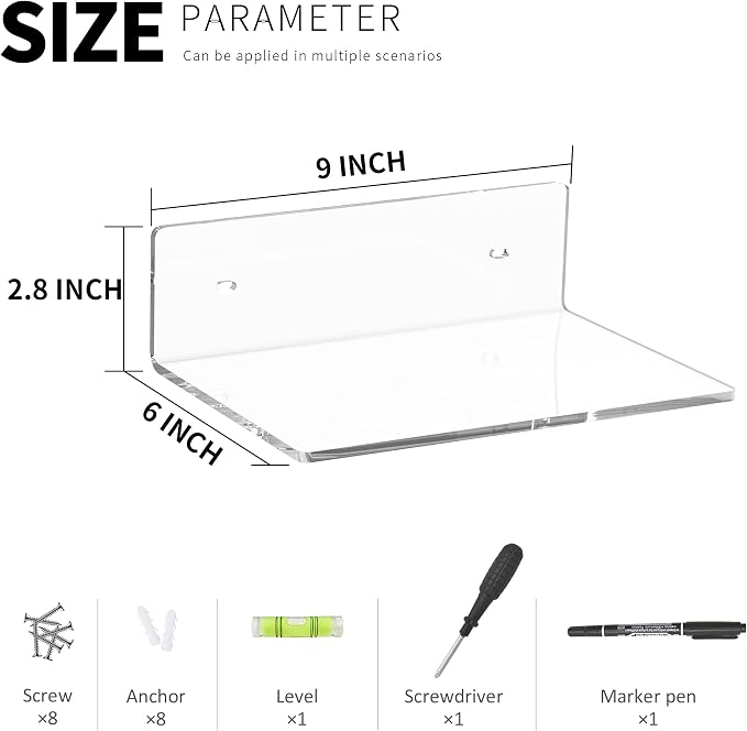 9 Inch Clear Wall Shelves, Acrylic Small Floating Shelf, Home Wall Display Shelf for Storage, Room Décor, Space Saving, Items Organizer, Bathroom Organizer, 4 Pack