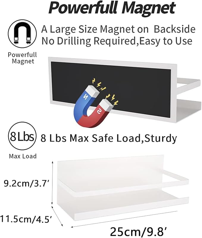 2 Pack Magnetic Spice Rack for Refrigerator,Heave Duty Magnetic Shelf For Kitchen,Magnet Book Shelf For Whiteboard,Space Container,Drill free (White)