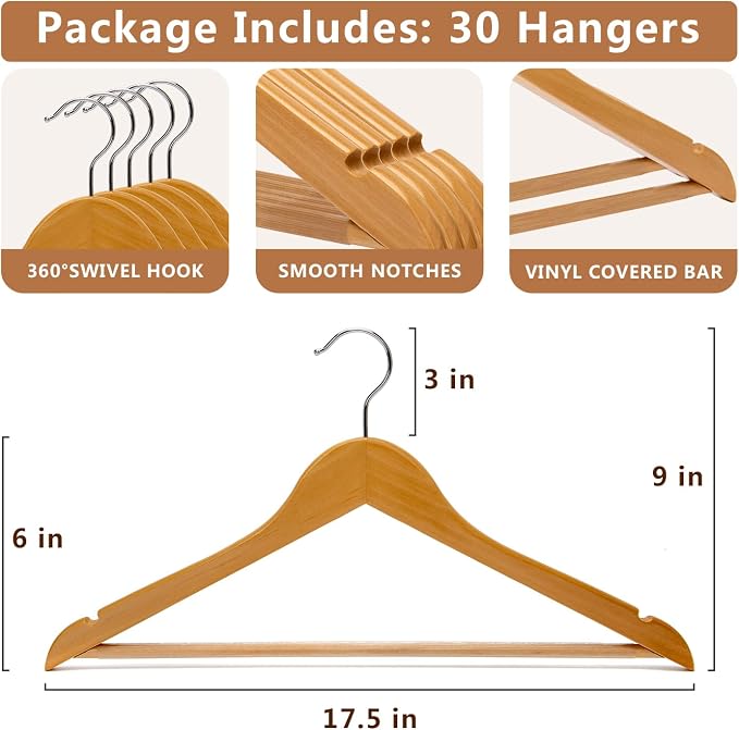 Wooden Hangers 30 Pack, Non-Slip Wood Hanger with 360°Swivel Hook & Notches, Durable & Slim Coat Hangers for Shirt, Suit, Jacket, Dress, Natural-HL01N3