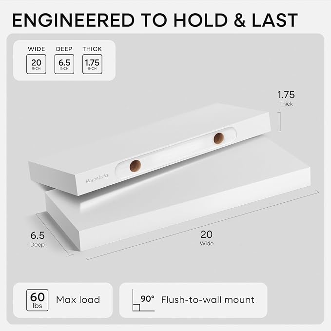 Homeforia White Floating Shelf 20 inch, High End Solid Real Wood 20inch Bathroom Floating Shelves for Wall Mounted, White Wooden 20in Floating Shelves, Heavy Duty Bracket, 20 X 6.5 X 1.75 in, Set of 3