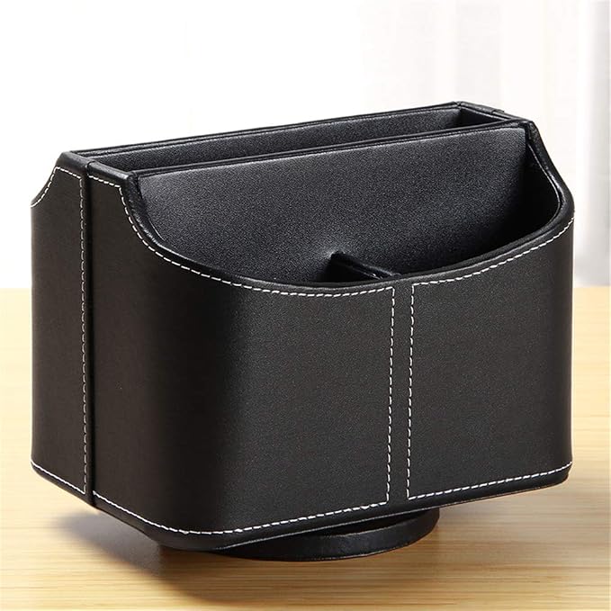 PU Leather Remote Control Holder,360 Degree Spinning Desk TV Remote Caddy,Desk Organizers and Accessories,for Controller,Media,Mail,Calculator,Mobile Phone,Pen Storage Holder(Black)