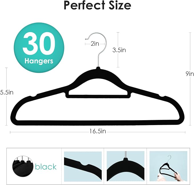 DUDUCOFU Velvet Hangers Non Slip Felt Hangers, 30 Pack Black Velvet Clothes Hangers Space Saving Slim with 360 Degree Swivel Hook for Suits Coats, Jackets, Pants, and Dress Clothes