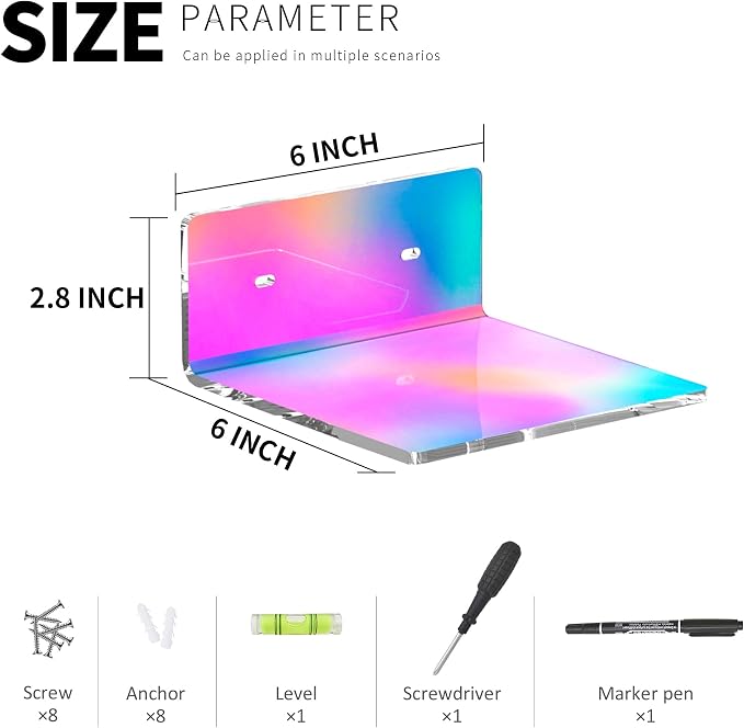 Sezanrpt 6 Inches Iridescent Small Wall Shelves, Acrylic Floating Shelf for Small Space, Acrylic Display Ledges for Funko Pop Figures, Home Décor, Plants, Smart Speaker, Digital Clock, 4 Pack