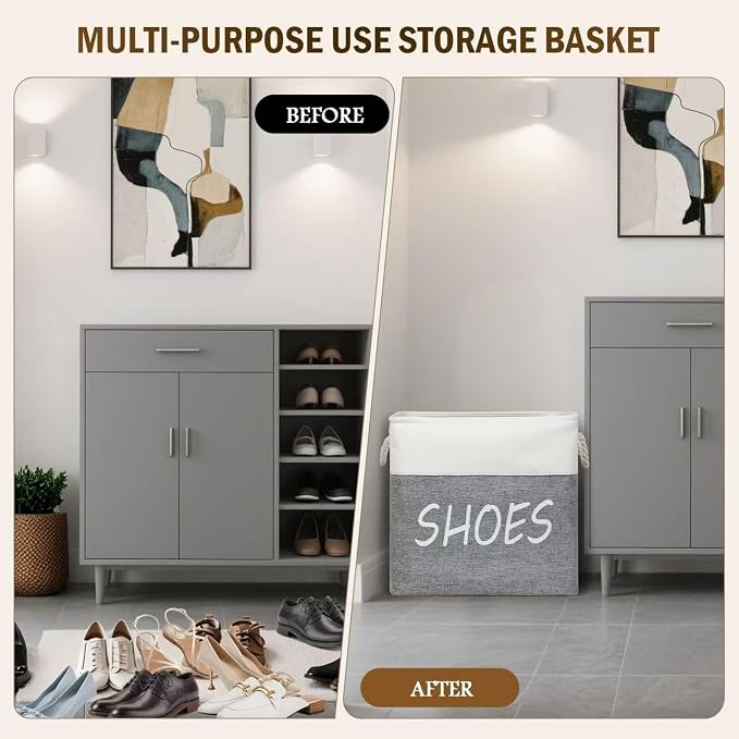 Large Fabric Shoe Basket,Flodable Shoe Storage Bin for Entryway,Hallway or Mudroom,Stylish Shoe Storage Container (Large-1 Pack)