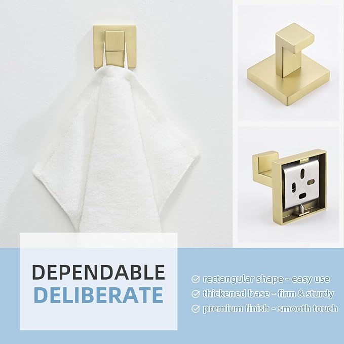 Angle Simple Bathroom Towel Hook Brushed Gold, SUS304 Stainless Steel Hand Towel Holder, Robe Hat Coat Hook for Wall Mount