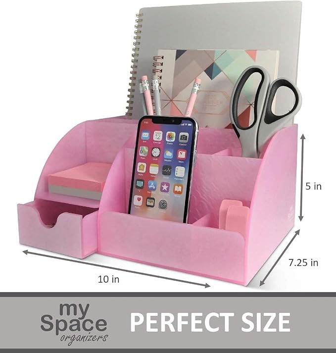 My Space Organizers Pink Desk Organizer Office, Acrylic, with Drawer, 9 Compartments, Supplies and Cool Desk Accessories Organizer, Desktop Pen Holder (Pink)