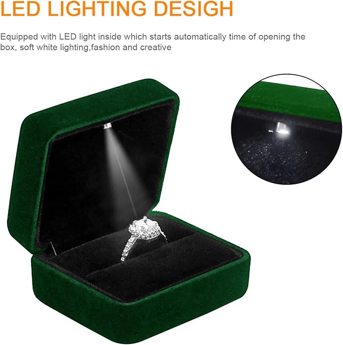 Ring Box with LED Light Velvet Emerald Jewelry Box