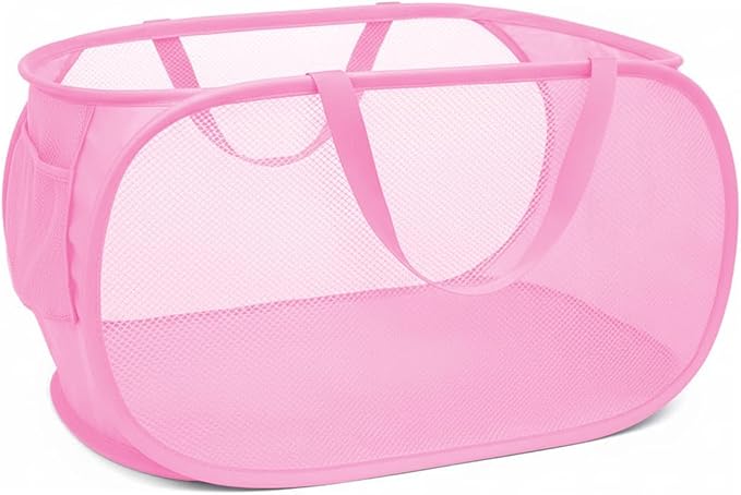 Pop Up Laundry Hamper,Collapsible Horizontal Baskets with Handles & Side Pocket,Foldable Sturdy mesh for Laundry Room,Bathroom,Kids Room,College Dorm or Travel (Pink)