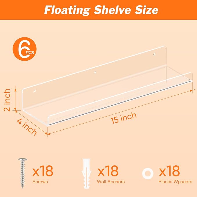 Dooiclear 6 Pack Floating Shelves for Wall, 15" Clear Floating Wall Shelf | Acrylic Book Shelf, Display Shelves Organizer for Bathroom, Classroom, Bedroom, Living Room, Kitchen, Room Decor