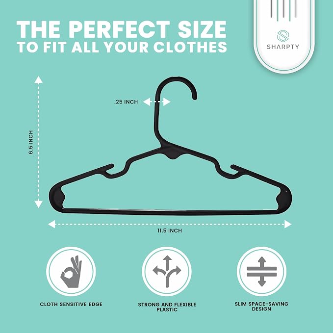 Sharpty Kids Plastic Hangers, Children's Hangers for Baby, Toddler, and Child Clothes - Everyday Standard Use - Ideal for Boys and Girls Closet, Clothing, Pants, Coats, and More - Black, 40 Pack