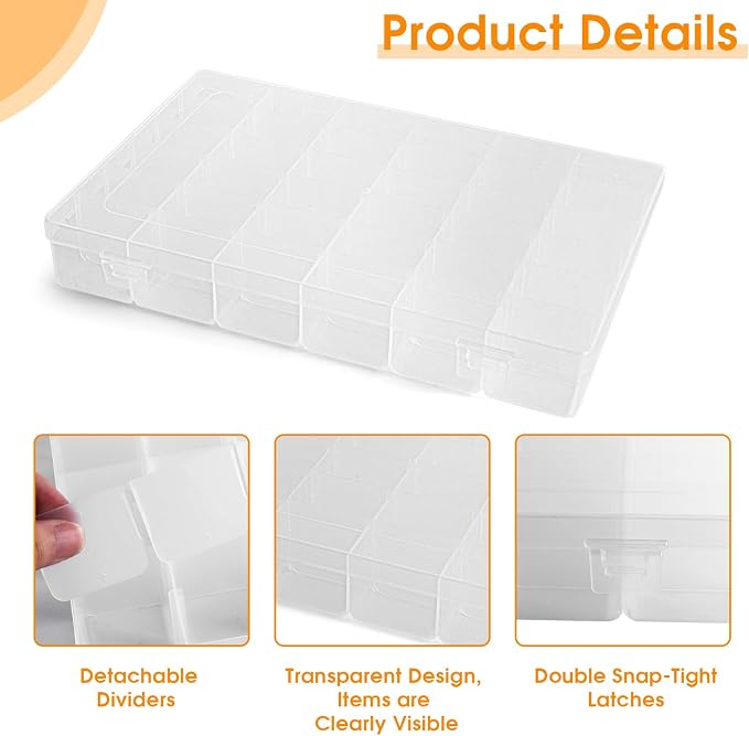 Piping Tip Organizer Box, 36 Grids Storage Container with Adjustable Dividers, Made with Clear Plastics, Compartment Container for Cake Decorating Tools, Baking Tools, Jewelry, Beads and Small Crafts