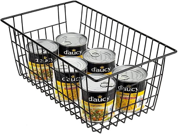 SANNO Freezer Basket Organizer, Refrigerator Metal Wire Storage Divider, Household Container Bins with Handles for Kitchen, Bathroom, Office, Camping, Black,Set of 4