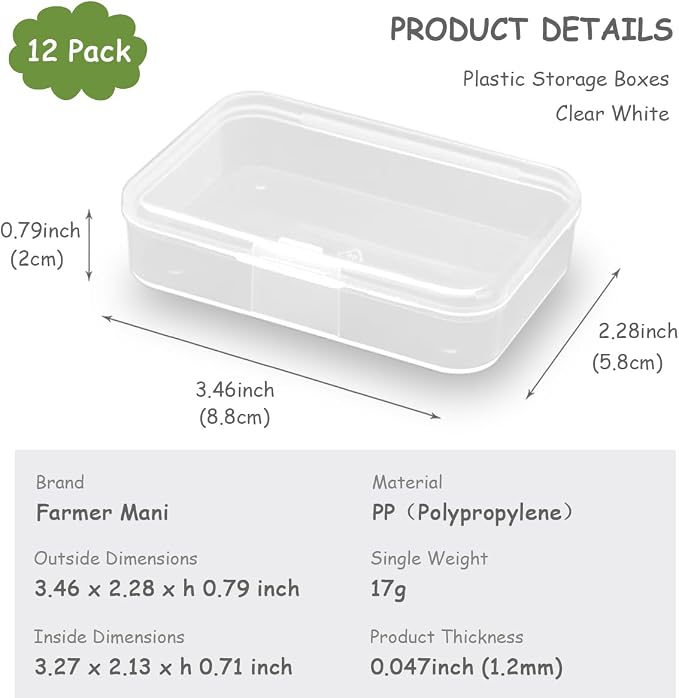 12Pcs Rectangular Mini Plastic Storage Containers (3.46 x 2.28 x 0.79 inch), Small Plastic Clear Beads Storage Containers Box for Beads, Small Items etc