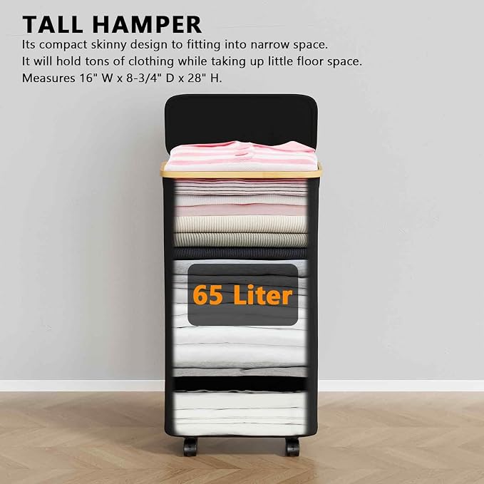 SpaceAid Slim Laundry Hamper with Wheels and Lid,62L Rolling Narrow Clothes Basket with Bamboo Handle, Large Laundry Hamper for Bedroom, Bathroom, Dorm, Laundry Room - Black