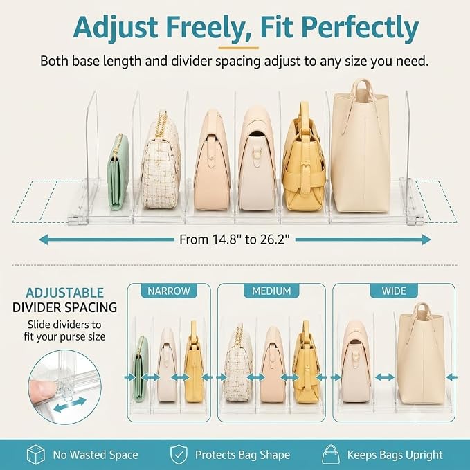 Vtopmart Free-Adjustable Purse Organizer for Closet with 1 Extendable Base & 8 Slide-Freely Dividers, Fits Different Bag Sizes & Closet Shelf, Customizable Spacing Shelf Dividers for Handbags, Wallets