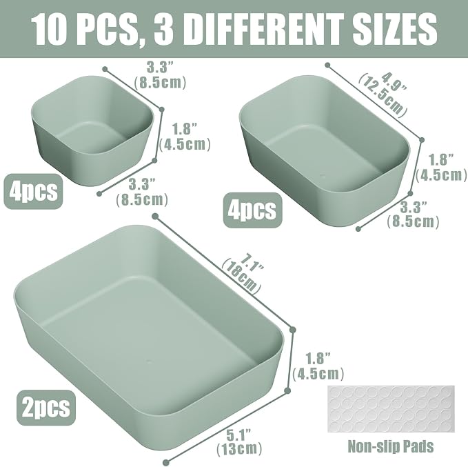 Drawer Organizers Bins 10 PCS for Bathroom Makeup Desk Office | with Non-slip Pads, 3 Sizes, Plastic Tray, Vanity Organizer, Kitchen Utensils Organizer