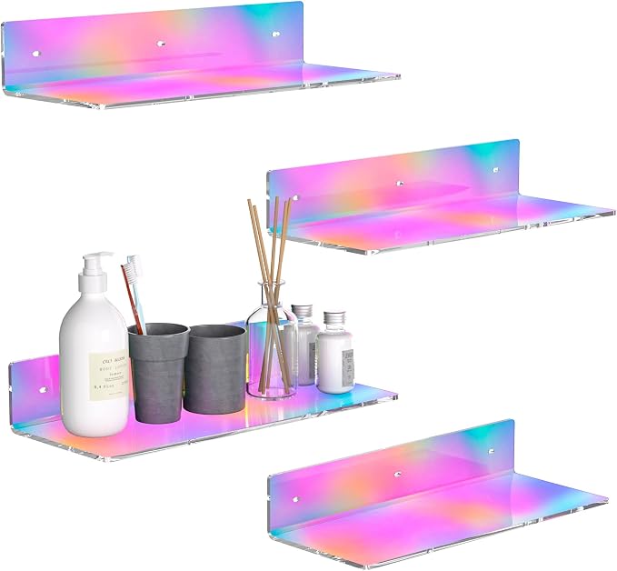 Sezanrpt 15 Inches Iridescent Acrylic Shelves, Wall Mounted Shelves for Bedroom, Wall Display Shelves for Collectibles, Funko Pop, Speaker, Plants, Space Saver, Wide Application, 4 Pack