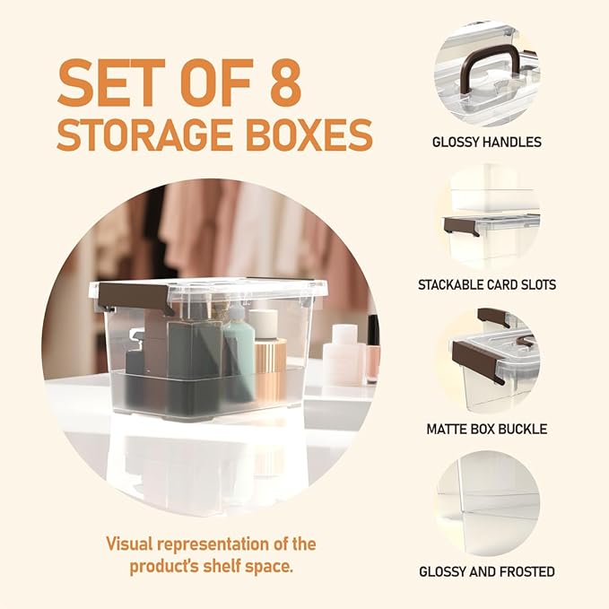 8 Pack Plastic Storage Latch Bins, 4 Quart Clear Plastic Handle Box with Lids and Handle, Multi-Purpose