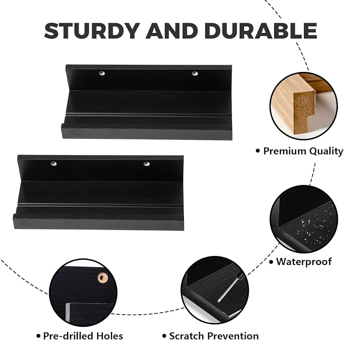 Muzilife 12" Small Floating Shelves Wood Wall Shelf with Lip, 2Pcs, Black | FSC-Certified Wood | 20 lbs Capacity | Space-Saving | Hanging Shelf | Wall Decor| Bedroom,Living Room,Bathroom,Kitchen,Office