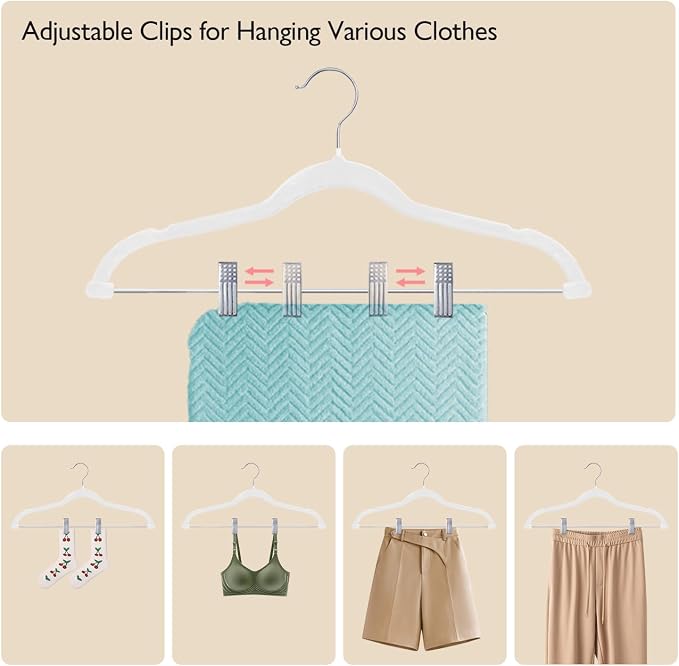 ManGotree Pants Hangers with Movable Clips, Non-Slip Velvet Skirt Hangers, Space-Saving Clothes Hangers for Pants, Skirts, Shirts, Coats, Dresses (18 Pack, White)