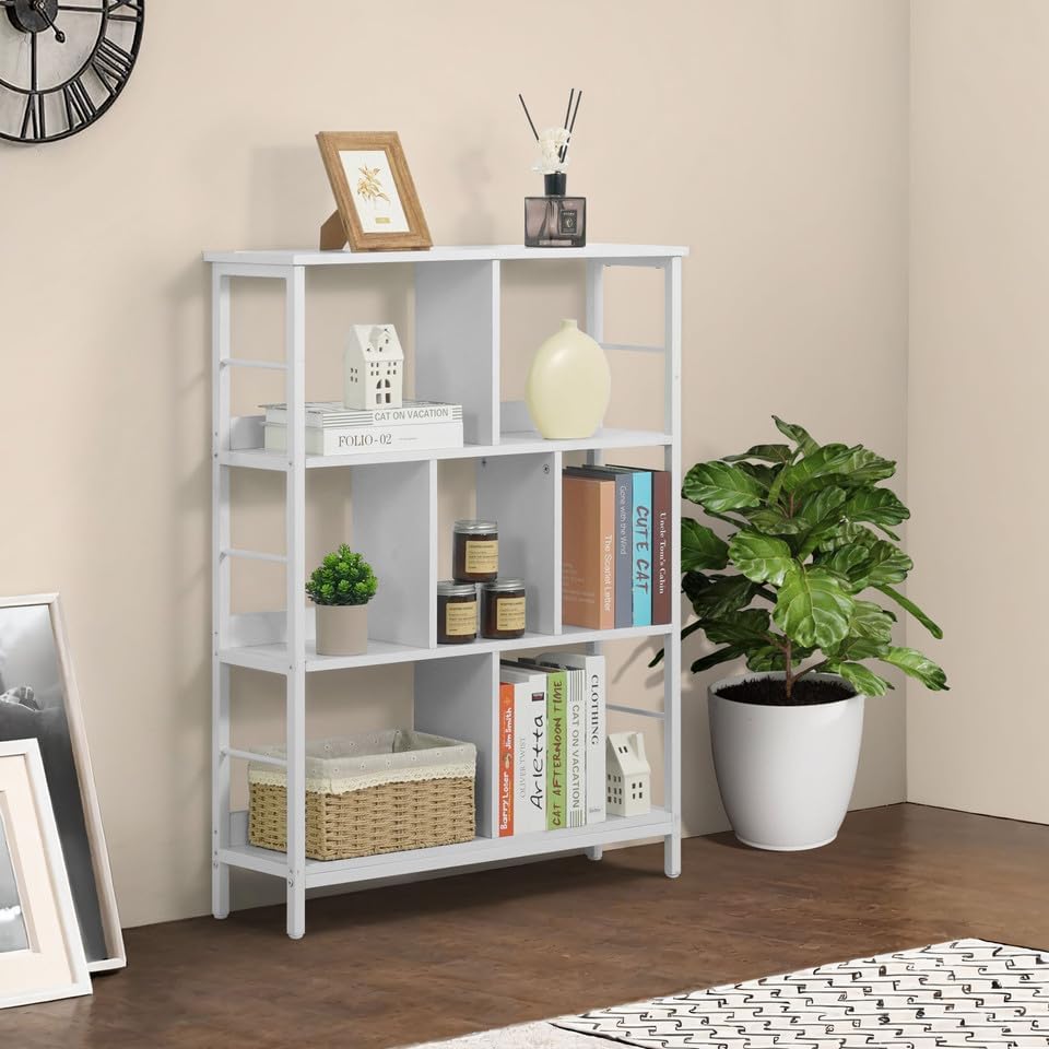 CAPHAUS 7 Cube Storage Organizer, 32” Wide 3 Tier White Industrial Open Shelf Bookcase, Display Shelf, Horizontal Booksh