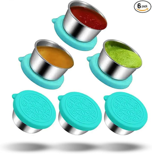 Pack of 6 Salad Dressing Container To Go: Small Condiment Containers with Lids, Reusable Stainless Steel Sauce Cups, Leakproof Silicone Lids for Bento Box, Picnic and Travel (Teal - 1.69oz)