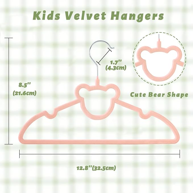 ManGotree 12.8" Kids Velvet Hangers, Non-Slip Felt Baby Clothes Hanger, Cute Bear Hanger for Nursery, Space Saving Toddler Hangers for Children's Closet (20 Pack, Pink)