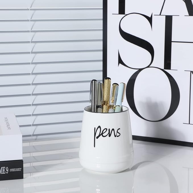 LEETOYI Ceramic Farmhouse Pen Holder for Desk, Pencil Organizer 16oz (White)
