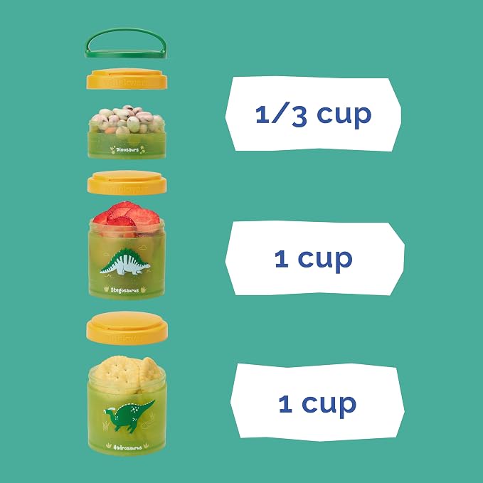 Whiskware Dinosaur Stackable Snack Containers for Kids and Toddlers, 3 Stackable Snack Cups for School and Travel, Green/Blue