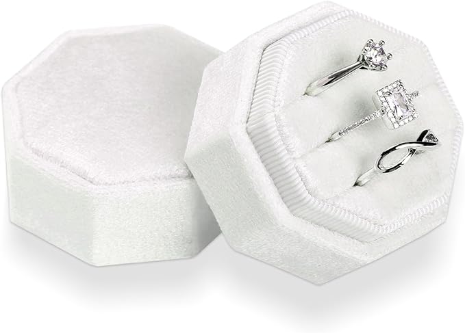 WantGor Velvet Ring Box, 3 Slots Jewelry Ring Gift Box Vintage Ring Holder | Ring Display Case for Wedding Ceremony Proposal Engagement (White)