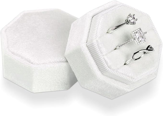 WantGor Velvet Ring Box, 3 Slots Jewelry Ring Gift Box Vintage Ring Holder | Ring Display Case for Wedding Ceremony Proposal Engagement (White)