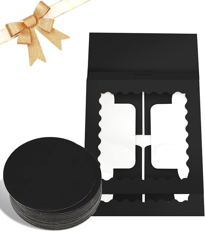 qiqee 10"x10"x5" Cake Box, 36 Sets Black Cake Box with Window ＆ 36 Sets 10" Black Cake Round Boards, for Cake, Treat Cookie Dessert, Pastry, Birthday Party, Weddings