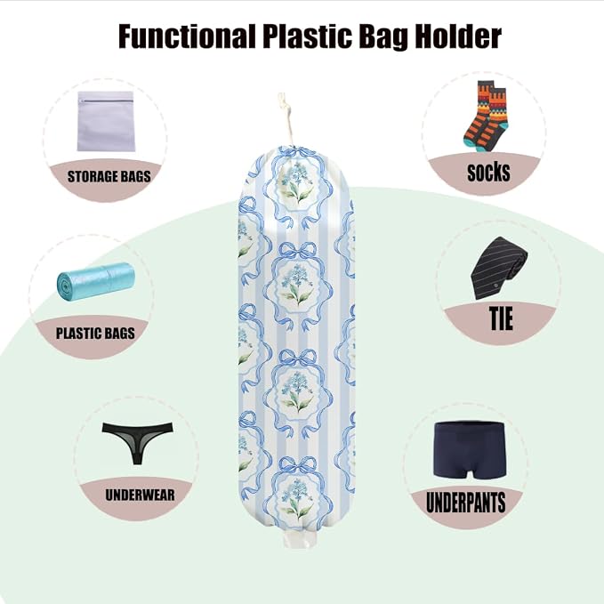 Bow Plastic Bag Holder, Wall Mount Grocery Bag Holder for Plastic Bags | Blue Stripes Reusable Grocery Bags Storage Dispenser for Home Kitchen Pantry Decor, Flower Gifts for Women Mom, 22.5x9 Inch
