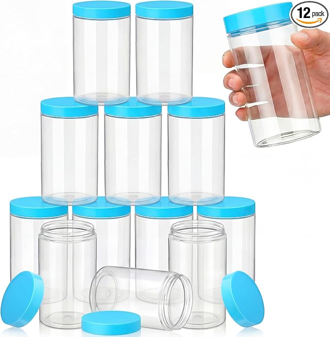 SATINIOR 12 Pack 32 oz Plastic Container Jars with Lids Round Clear Travel Cosmetic Container Slime Jars for Toiletries, Lotion, Cream, Ointments, Makeup, Rhinestone, Samples, Kitchen Storage(Blue)