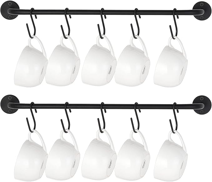 Mkono Mug Holder Wall Mounted Coffee Cup Rack Hanger Modern Metal with 10 Mug Hooks Rustic Utensil Tea Cups Storage Organizer for Kitchen Dining Room Coffee Bar, Set of 2, Black