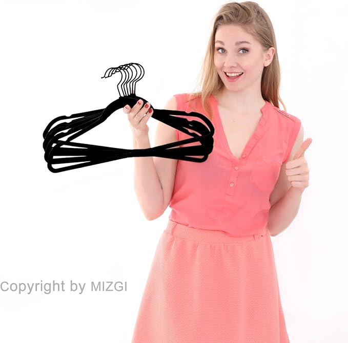 MIZGI Premium All Black Velvet Hangers with Black Hooks 100 Pack Heavy Duty - Non Slip Felt Hangers - 360 Degree Swivel,Space Saving Clothes Hangers,Durable Strong Hangers for Suits,Coat