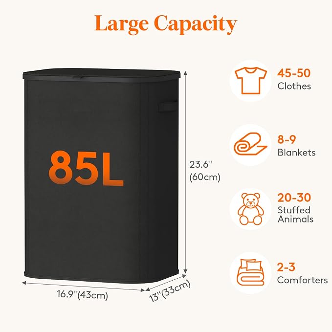 Lifewit 85L Large Laundry Basket with Lid, Laundry Hamper with Plastic Handles and Removable Bag, Foldable Tall Dirty Clothes Hampers for Laundry for Laundry Room, Bedroom, Bathroom, Dorm, Black