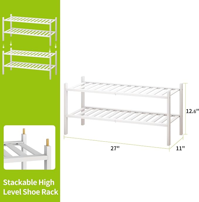 BMOSU 2-Tier Bamboo Shoe Rack Premium Stackable Shoe Shelf Storage Organizer for Hallway Closet Living Room Entryway Organizer(White Bamboo)