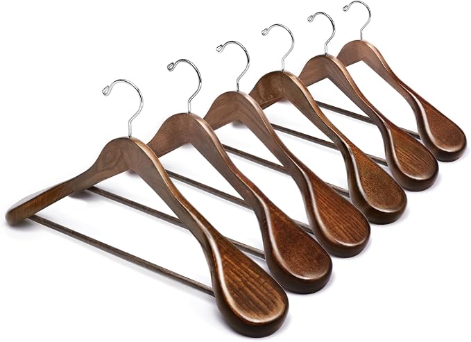 Amber Home 6 Pack Wide Shoulder Wooden Suit Hangers, Walnut | Walnut Wood Coat Hangers with Non Slip Pants Bar, Clothes Hangers for Jackets, Sweaters, Pants & Heavy Clothes